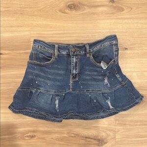 Blue Ruffled Jean skirt with splatter design